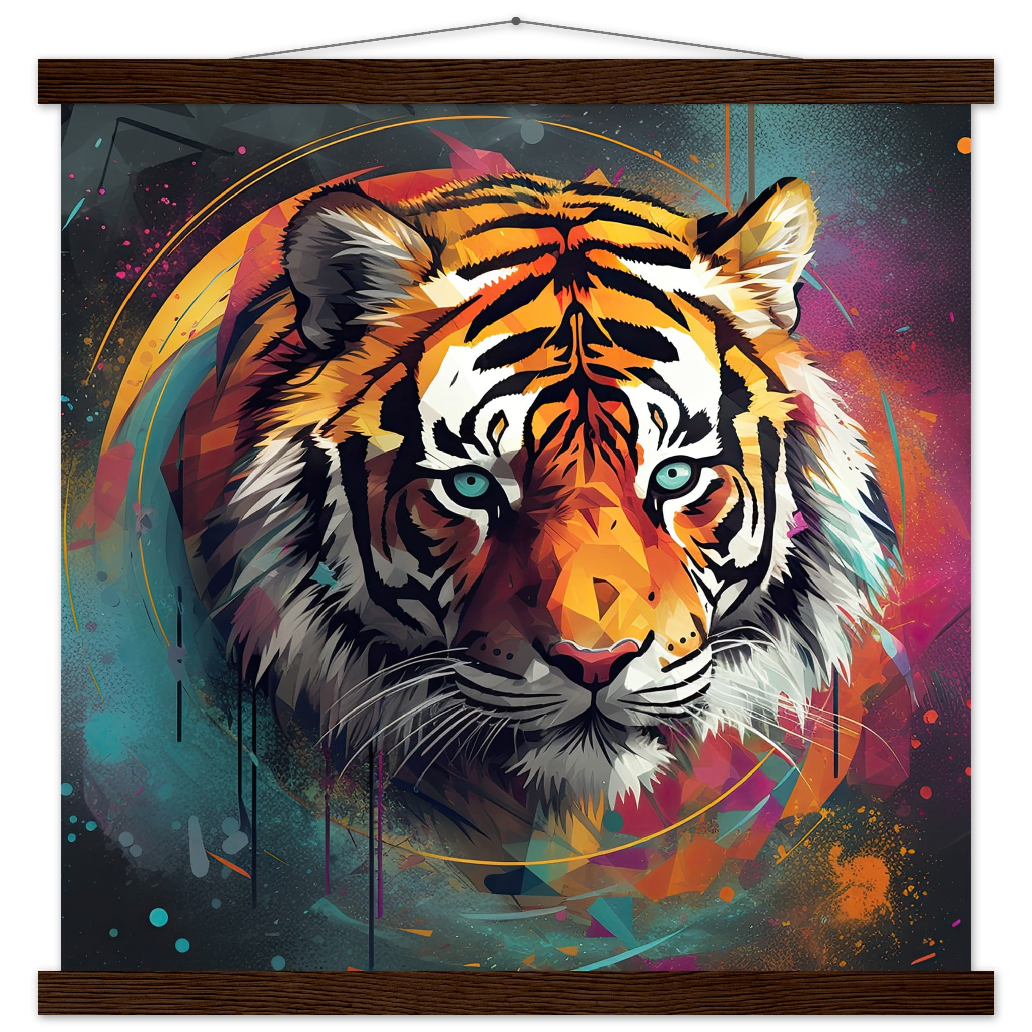 Tiger Colorful Abstract Art Print with Hanger – 45×45 cm / 18×18″, Dark wood wall hanger