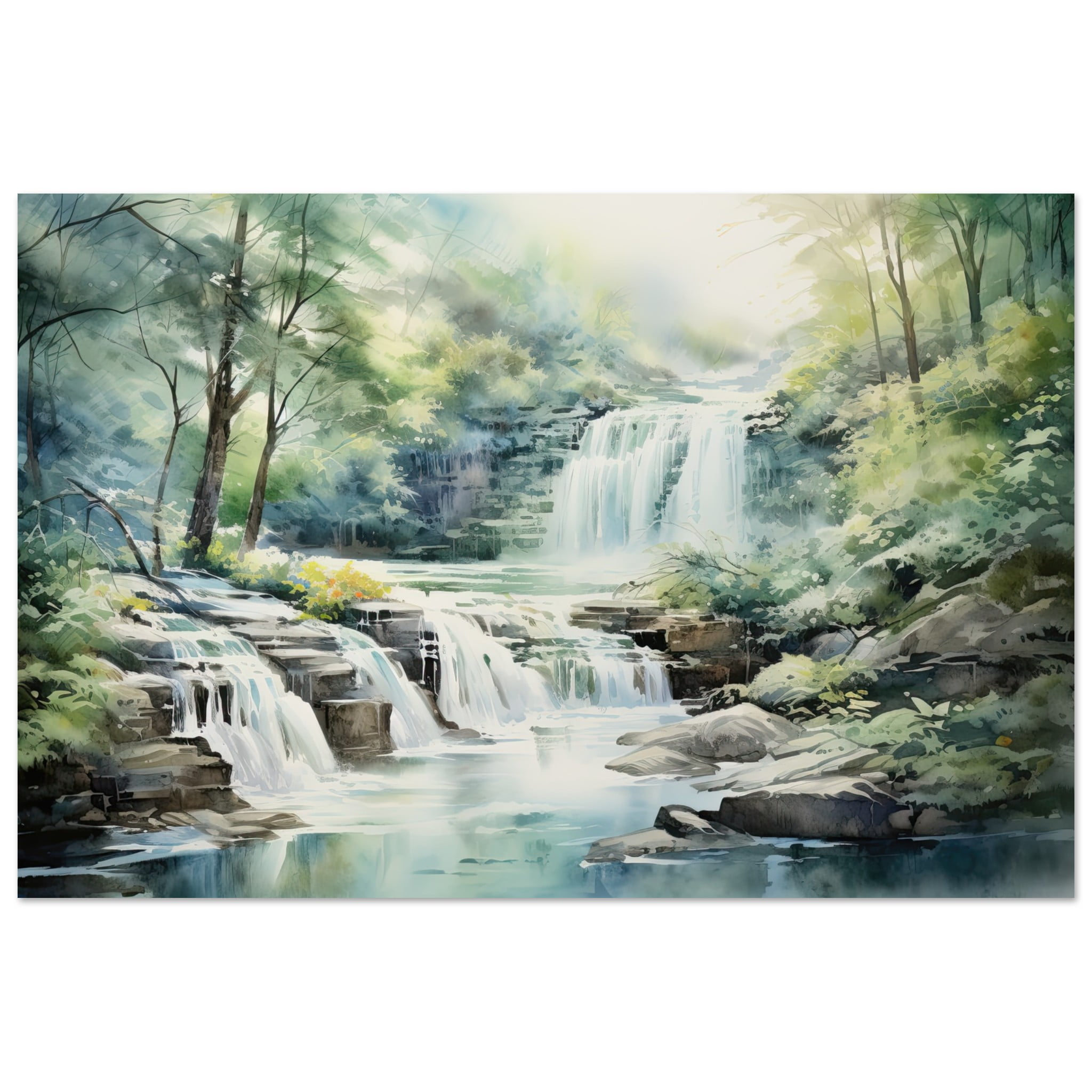 Serene Waterfall in Watercolor Metal Print – 50×75 cm / 20×30″