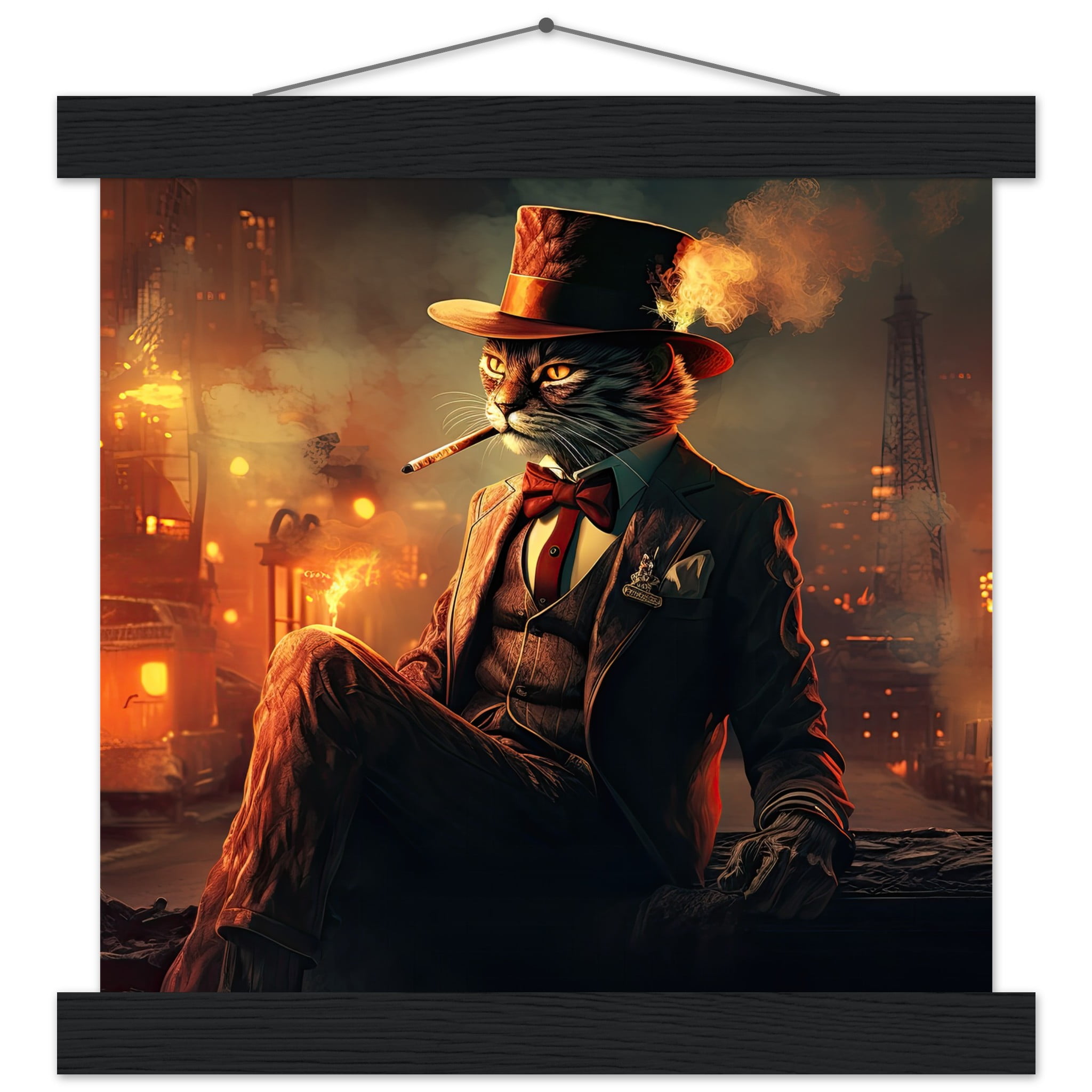Gangster Cat Cool Art Print with Hanger – 25×25 cm / 10×10″, Black wall hanger