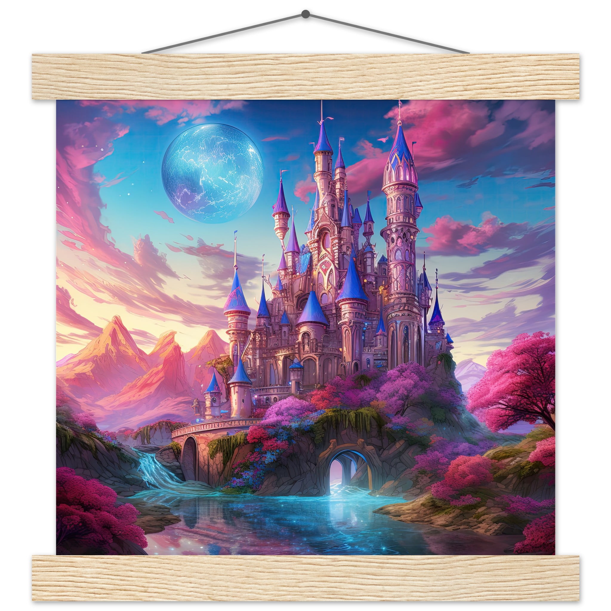 Colorful Fairy Tale Castle Art Print with Hanger – 25×25 cm / 10×10″, Natural wood wall hanger