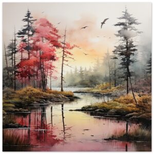 Red Lake Sunset - Watercolor Landscape Poster - 30x30 cm / 12x12″