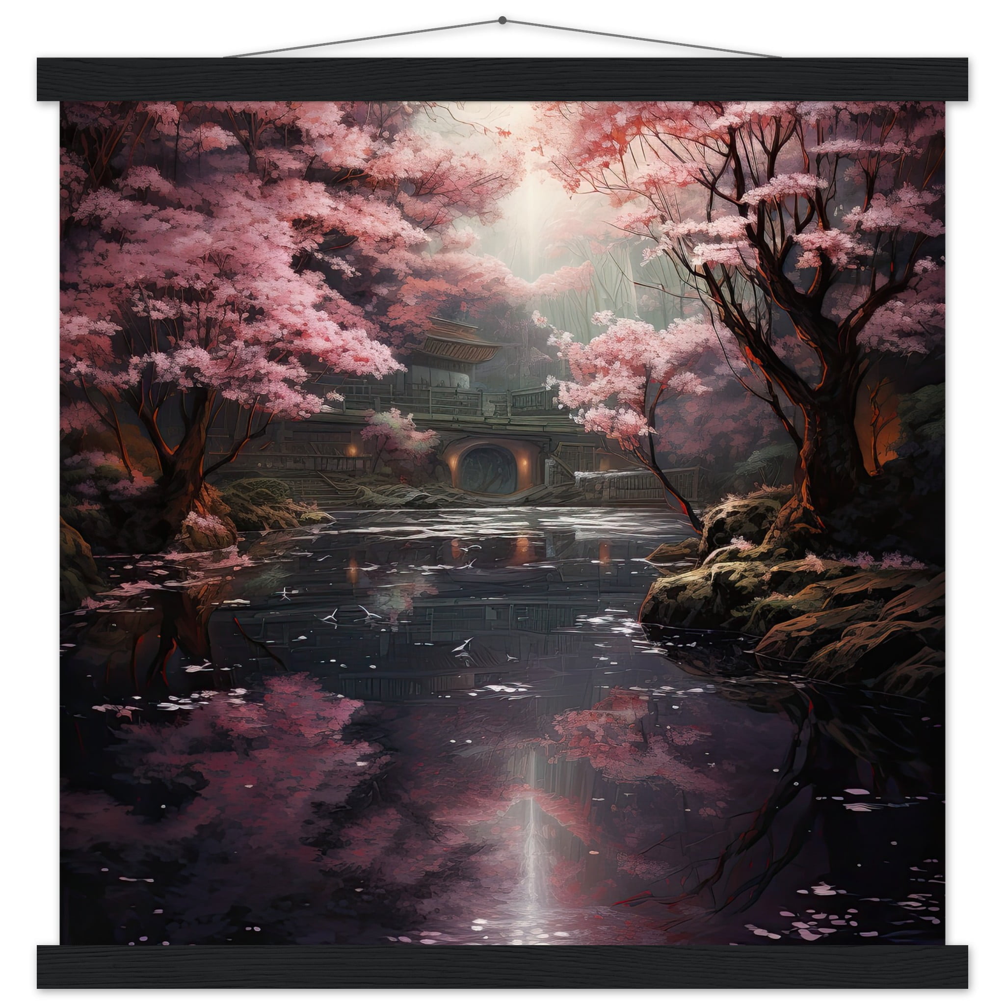 Secret Cherry Blossom Temple Art Print with Hanger – 45×45 cm / 18×18″, Black wall hanger