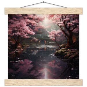 Secret Cherry Blossom Temple Art Print with Hanger - 25x25 cm / 10x10″, Natural wood wall hanger