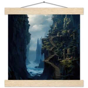 Cliffside Kingdom Landscape Art Print with Hanger - 25x25 cm / 10x10″, Natural wood wall hanger