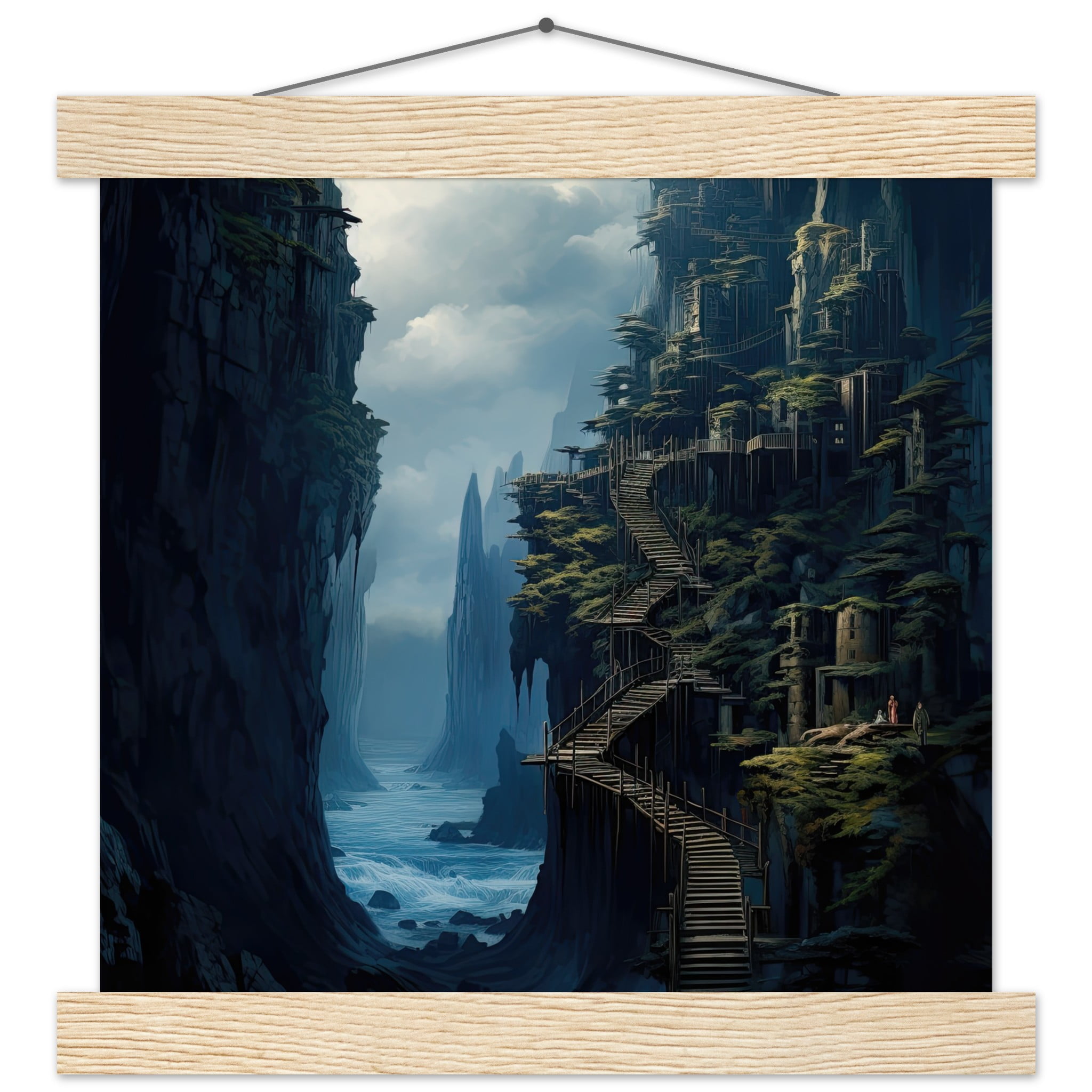 Cliffside Kingdom Landscape Art Print with Hanger – 25×25 cm / 10×10″, Natural wood wall hanger