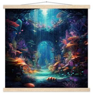 Underwater Paradise Ocean Art Print with Hanger - 50x50 cm / 20x20″, Natural wood wall hanger