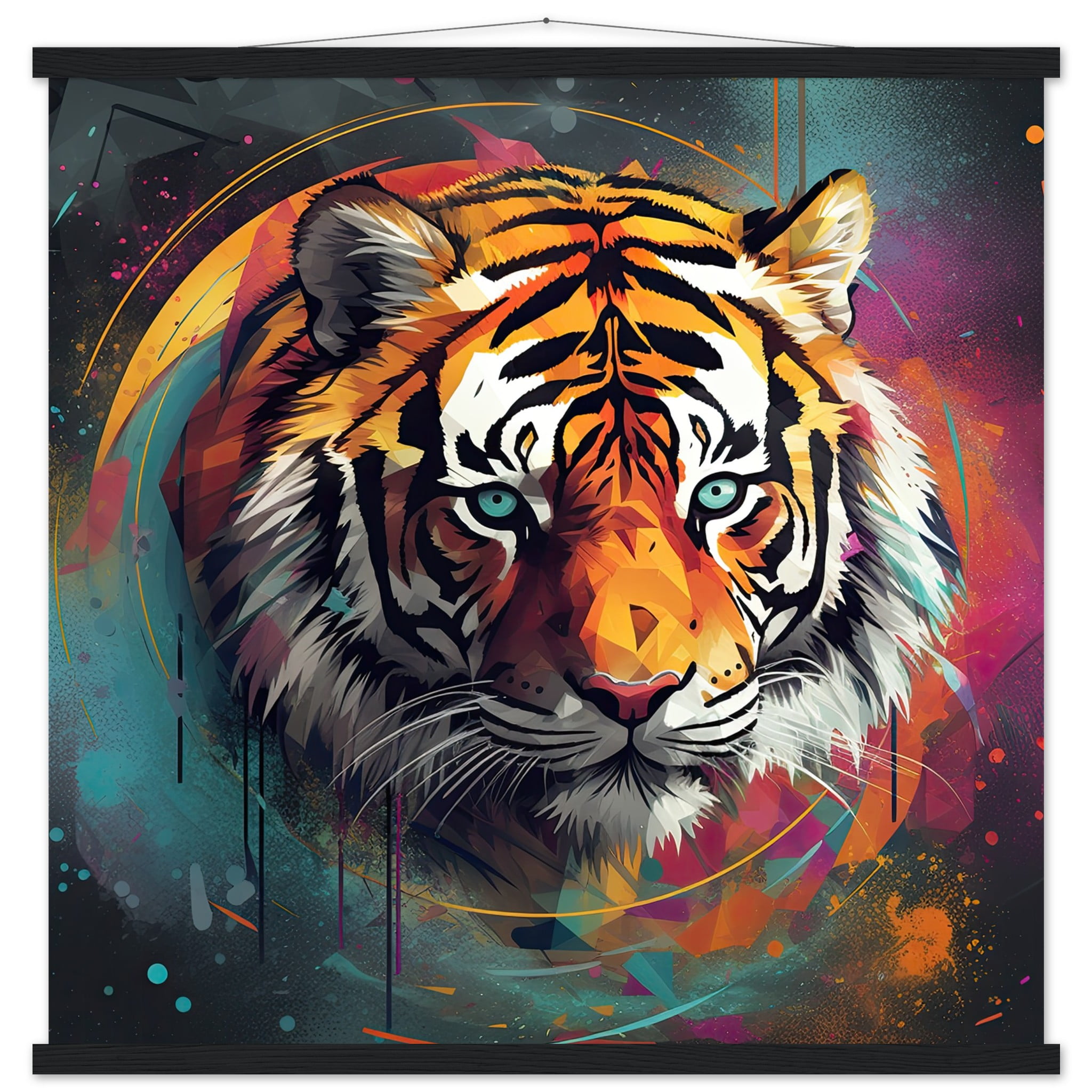 Tiger Colorful Abstract Art Print with Hanger – 70×70 cm / 28×28″, Black wall hanger