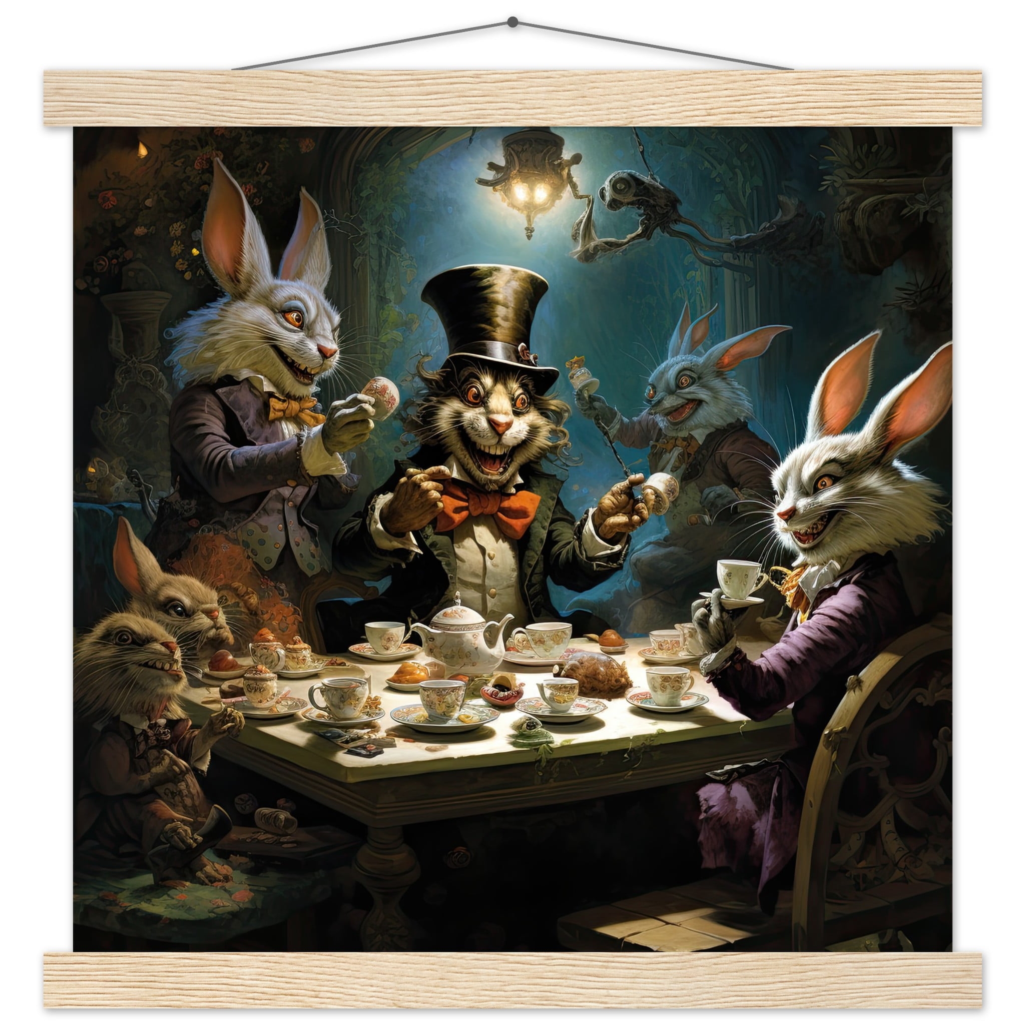 Mad Hatter’s Tea Party Art Print with Hanger – 35×35 cm / 14×14″, Natural wood wall hanger