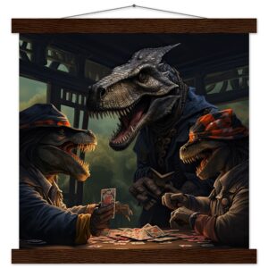 Tyrannosaurus Rex Poker Art Print with Hanger - 35x35 cm / 14x14″, Dark wood wall hanger