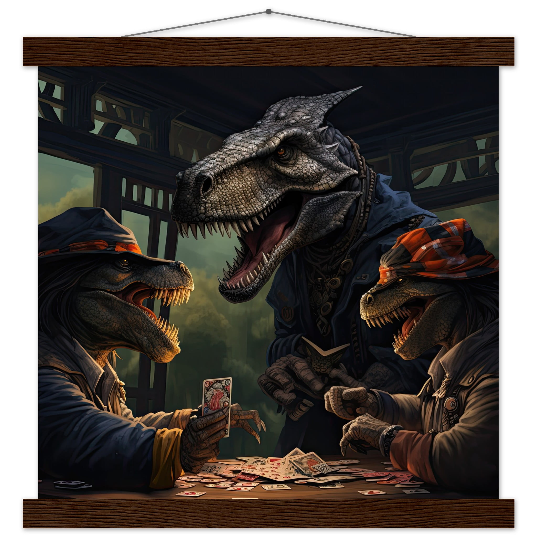 Tyrannosaurus Rex Poker Art Print with Hanger – 35×35 cm / 14×14″, Dark wood wall hanger