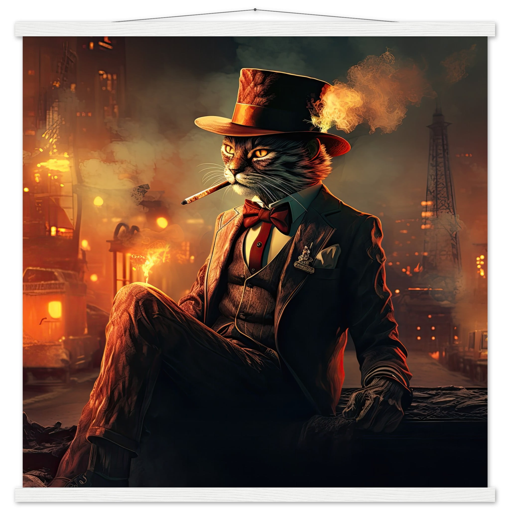 Gangster Cat Cool Art Print with Hanger – 70×70 cm / 28×28″, White wall hanger