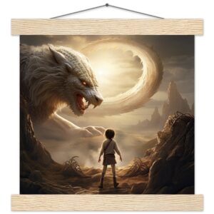 The Boy and the Chimera Art Print with Hanger - 25x25 cm / 10x10″, Natural wood wall hanger