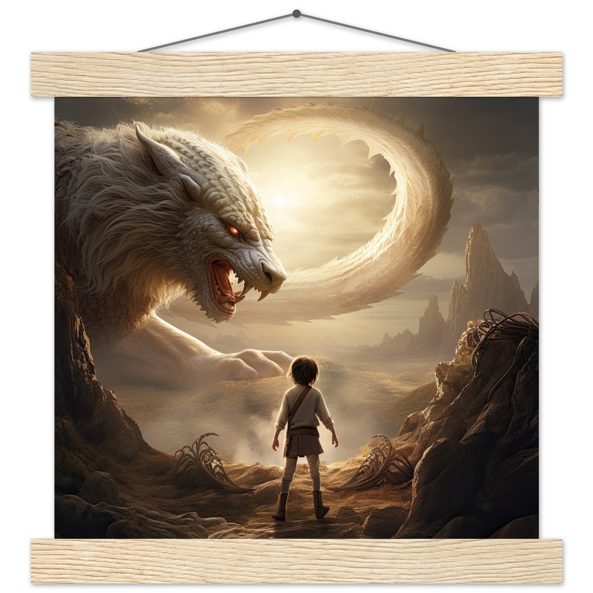 The Boy and the Chimera Art Print with Hanger – 25×25 cm / 10×10″, Natural wood wall hanger