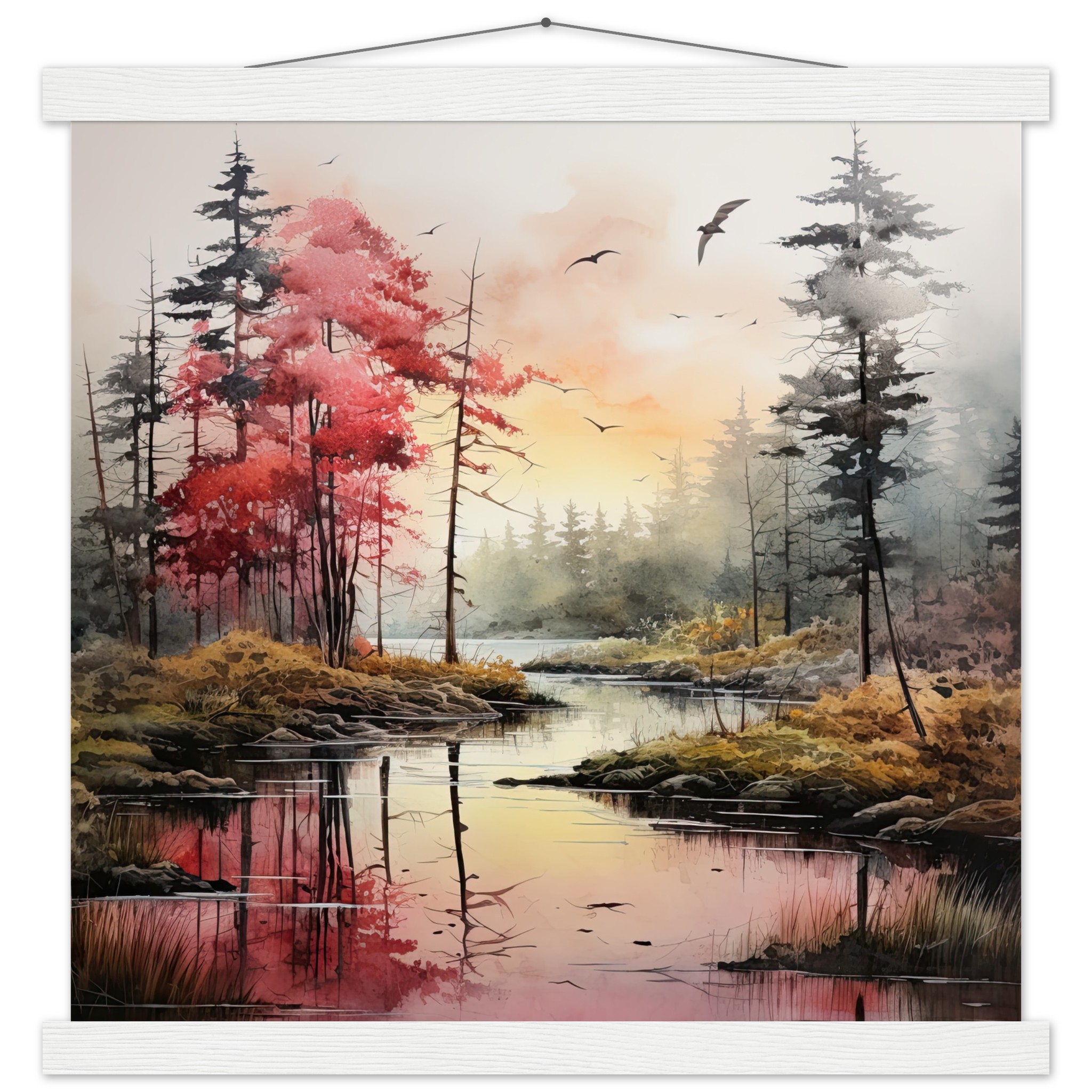 Red Lake Sunset – Watercolor Landscape Print with Hanger
