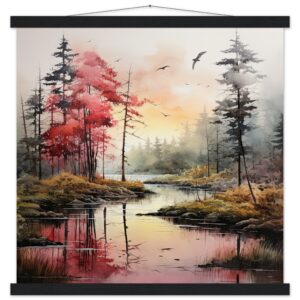 Red Lake Sunset - Watercolor Landscape Print with Hanger - 50x50 cm / 20x20″, Black wall hanger