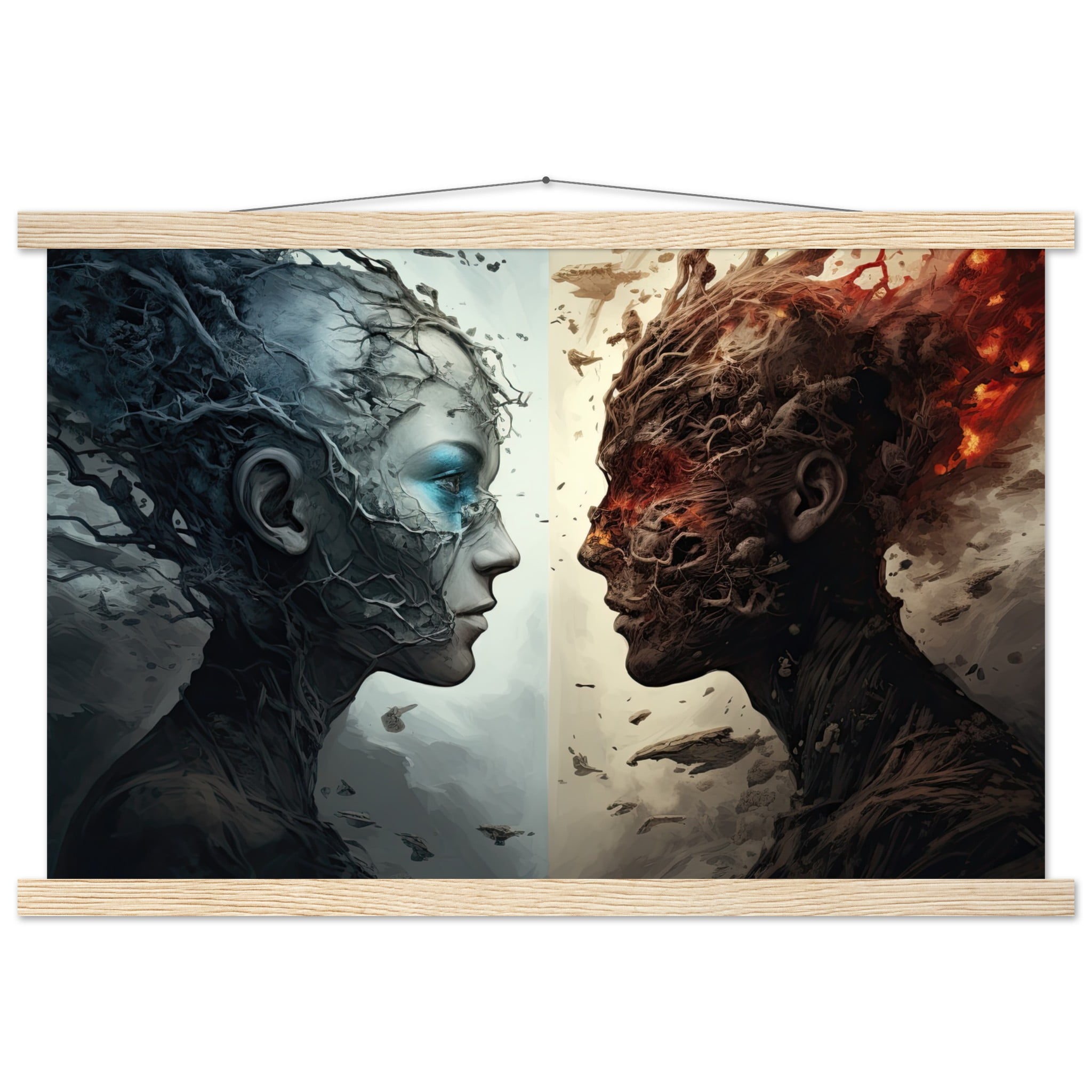 Duality of the Soul – Fire and Ice – Art Print with Hanger – 40×60 cm / 16×24″, Natural wood wall hanger