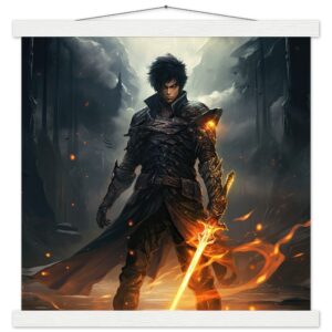 Male Anime Character - Flaming Sword - Art Print with Hanger - 40x40 cm / 16x16″, White wall hanger
