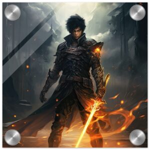 Male Anime Character - Flaming Sword - Acrylic Print - 20x20 cm / 8x8″
