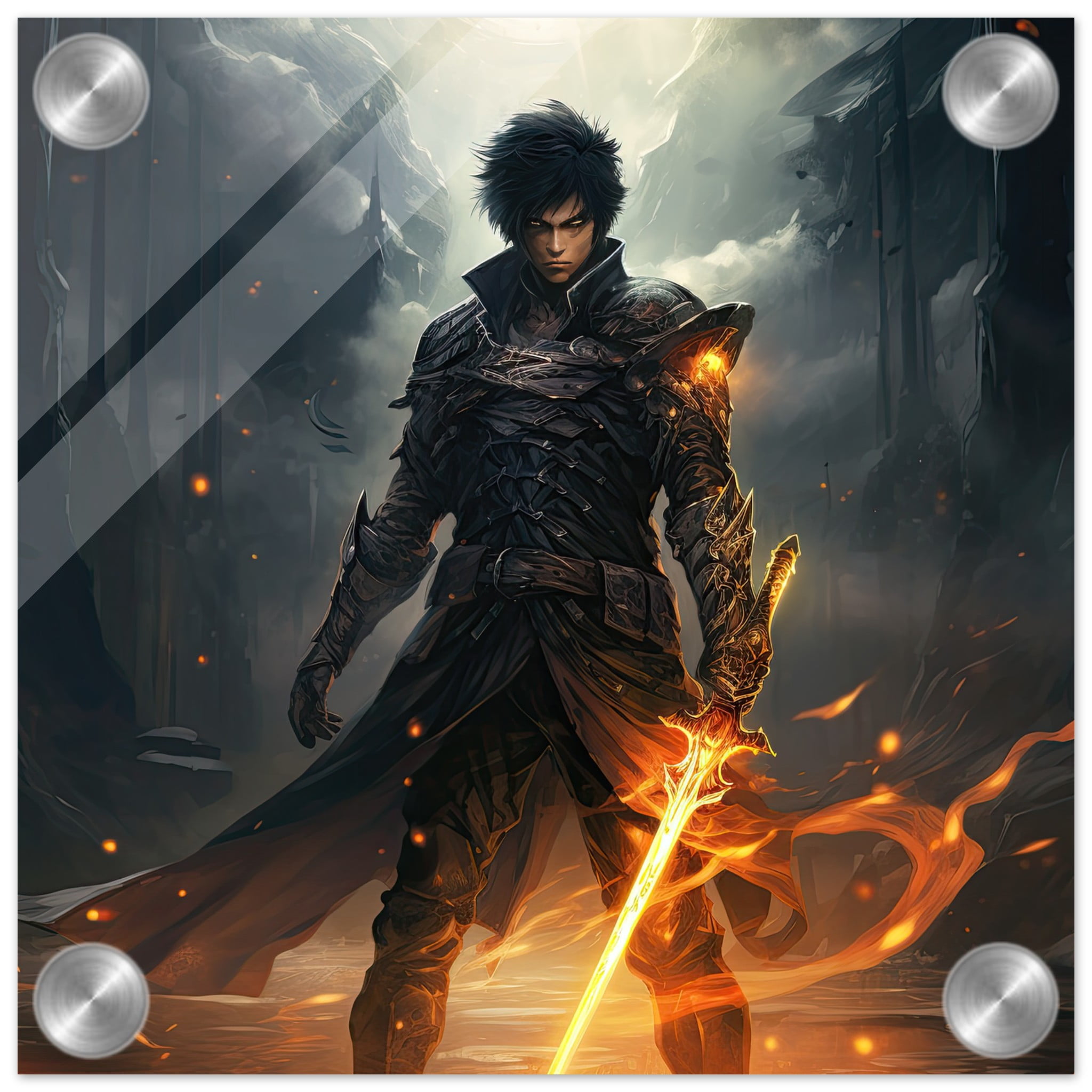 Male Anime Character – Flaming Sword – Acrylic Print – 20×20 cm / 8×8″