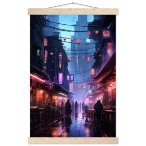 Cyberpunk Market Sci-Fi Art Print with Hanger - 30x45 cm / 12x18″, Natural wood wall hanger
