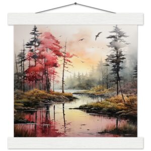 Red Lake Sunset - Watercolor Landscape Print with Hanger - 25x25 cm / 10x10″, White wall hanger