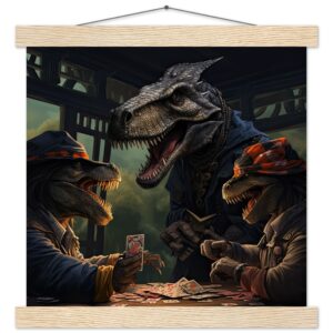 Tyrannosaurus Rex Poker Art Print with Hanger - 30x30 cm / 12x12″, Natural wood wall hanger