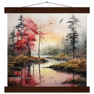 Red Lake Sunset - Watercolor Landscape Print with Hanger - 30x30 cm / 12x12″, Dark wood wall hanger