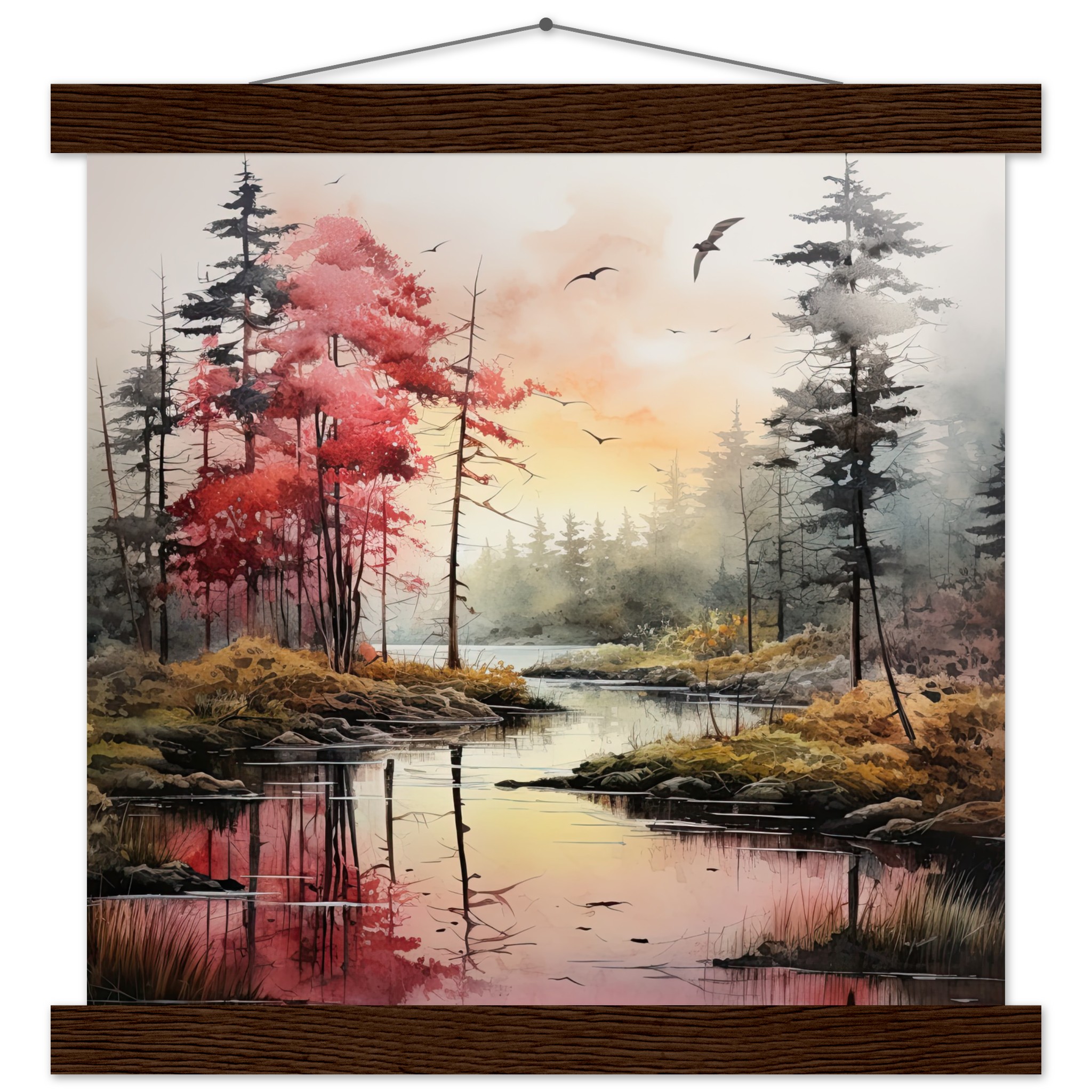 Red Lake Sunset – Watercolor Landscape Print with Hanger – 30×30 cm / 12×12″, Dark wood wall hanger