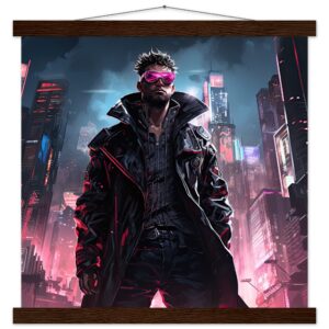 Cool Cyberpunk Dude Art Print with Hanger - 40x40 cm / 16x16″, Dark wood wall hanger