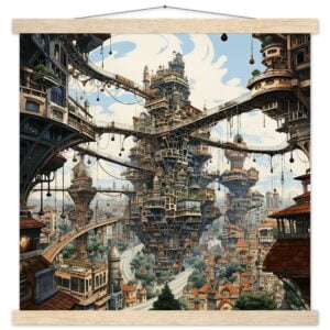 Surreal City Art Print with Hanger - 45x45 cm / 18x18″, Natural wood wall hanger