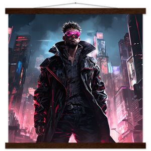 Cool Cyberpunk Dude Art Print with Hanger - 50x50 cm / 20x20″, Dark wood wall hanger