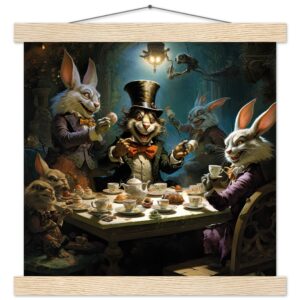 Mad Hatter's Tea Party Art Print with Hanger - 30x30 cm / 12x12″, Natural wood wall hanger
