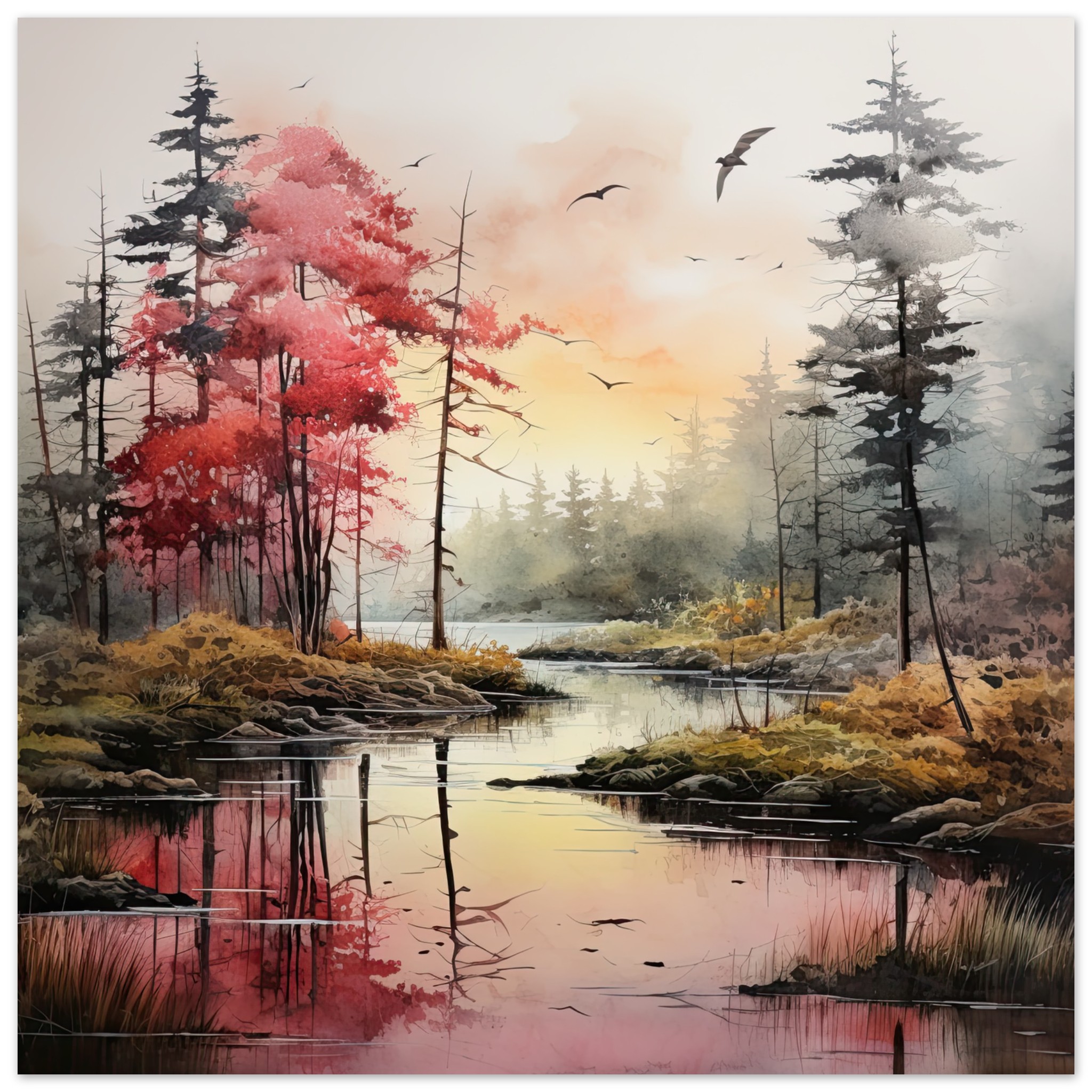 Red Lake Sunset – Watercolor Landscape Poster – 25×25 cm / 10×10″