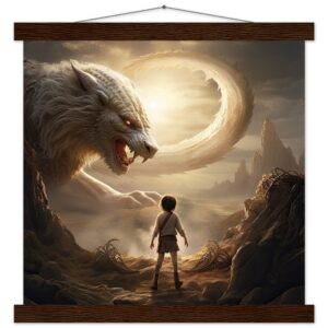 The Boy and the Chimera Art Print with Hanger - 35x35 cm / 14x14″, Dark wood wall hanger