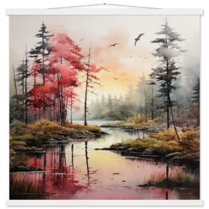 Red Lake Sunset - Watercolor Landscape Print with Hanger - 70x70 cm / 28x28″, White wall hanger