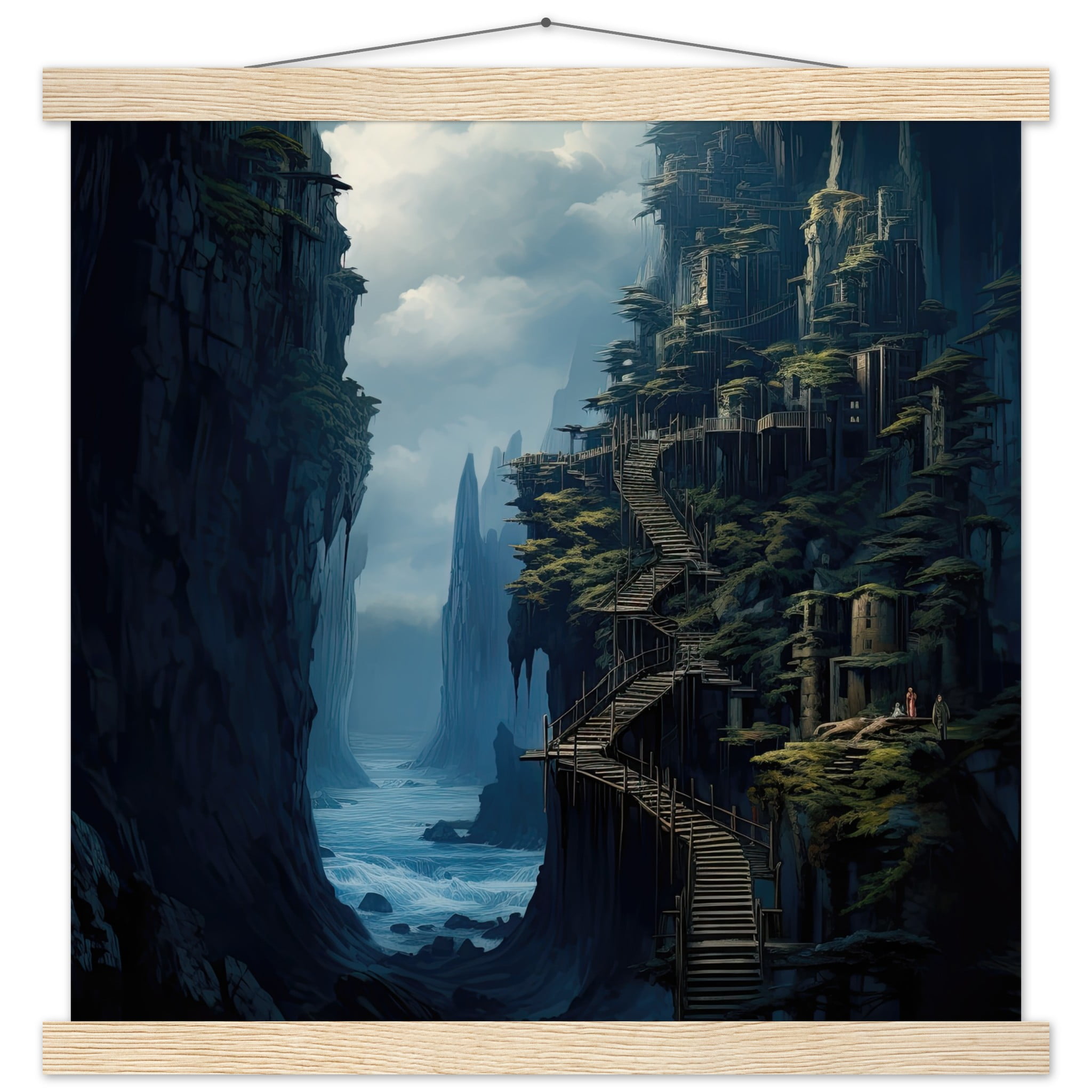 Cliffside Kingdom Landscape Art Print with Hanger – 40×40 cm / 16×16″, Natural wood wall hanger