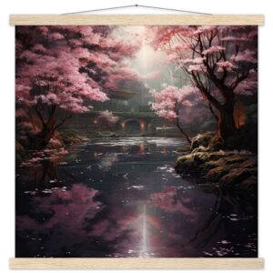 Secret Cherry Blossom Temple Art Print with Hanger - 50x50 cm / 20x20″, Natural wood wall hanger