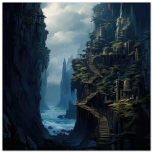 Cliffside Kingdom Landscape Art Metal Print - 60x60 cm / 24x24″