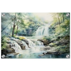 Serene Waterfall in Watercolor Acrylic Print - 30x45 cm / 12x18″