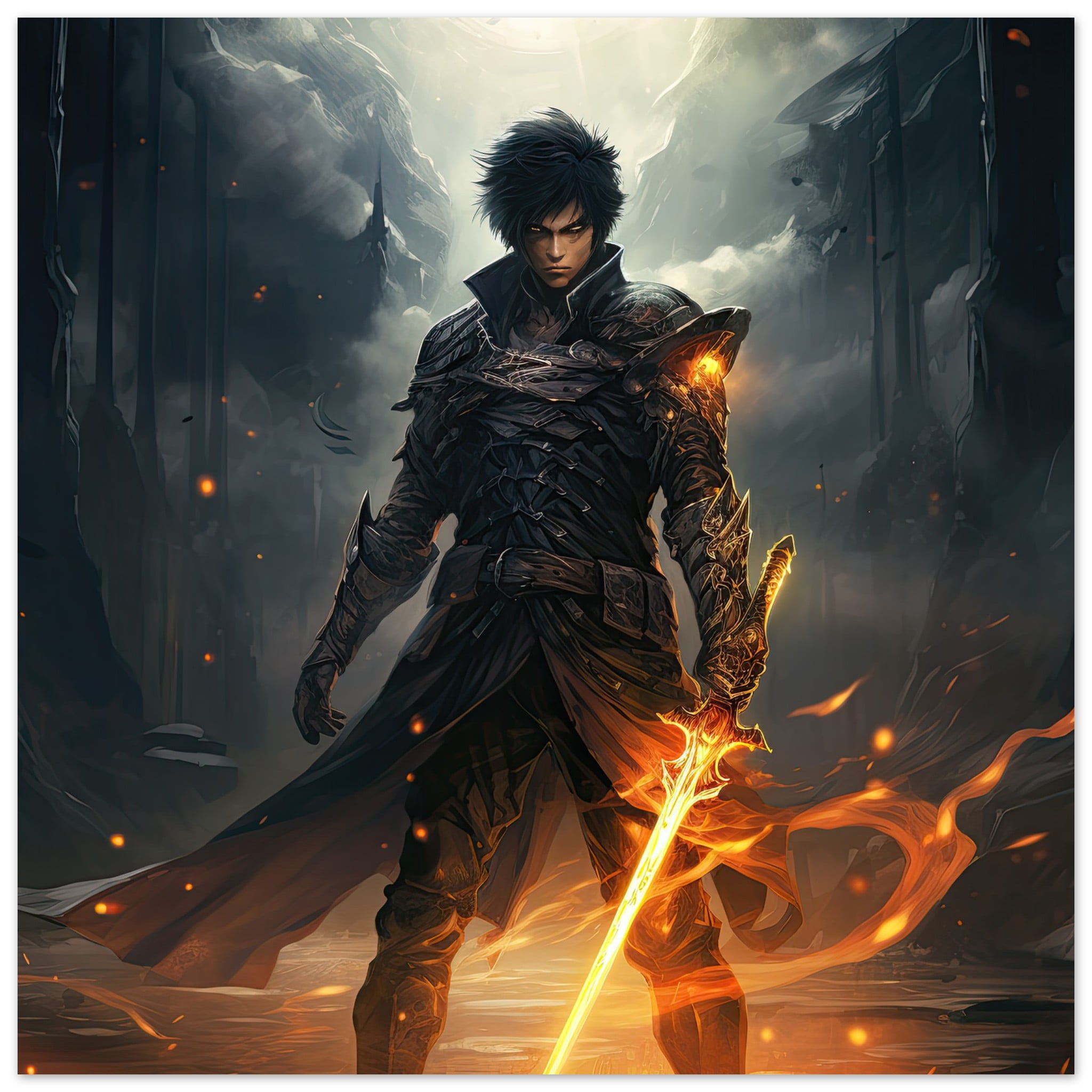 Male Anime Character – Flaming Sword – Art Poster – 70×70 cm / 28×28″