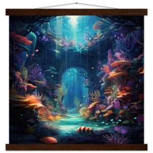 Underwater Paradise Ocean Art Print with Hanger - 45x45 cm / 18x18″, Dark wood wall hanger