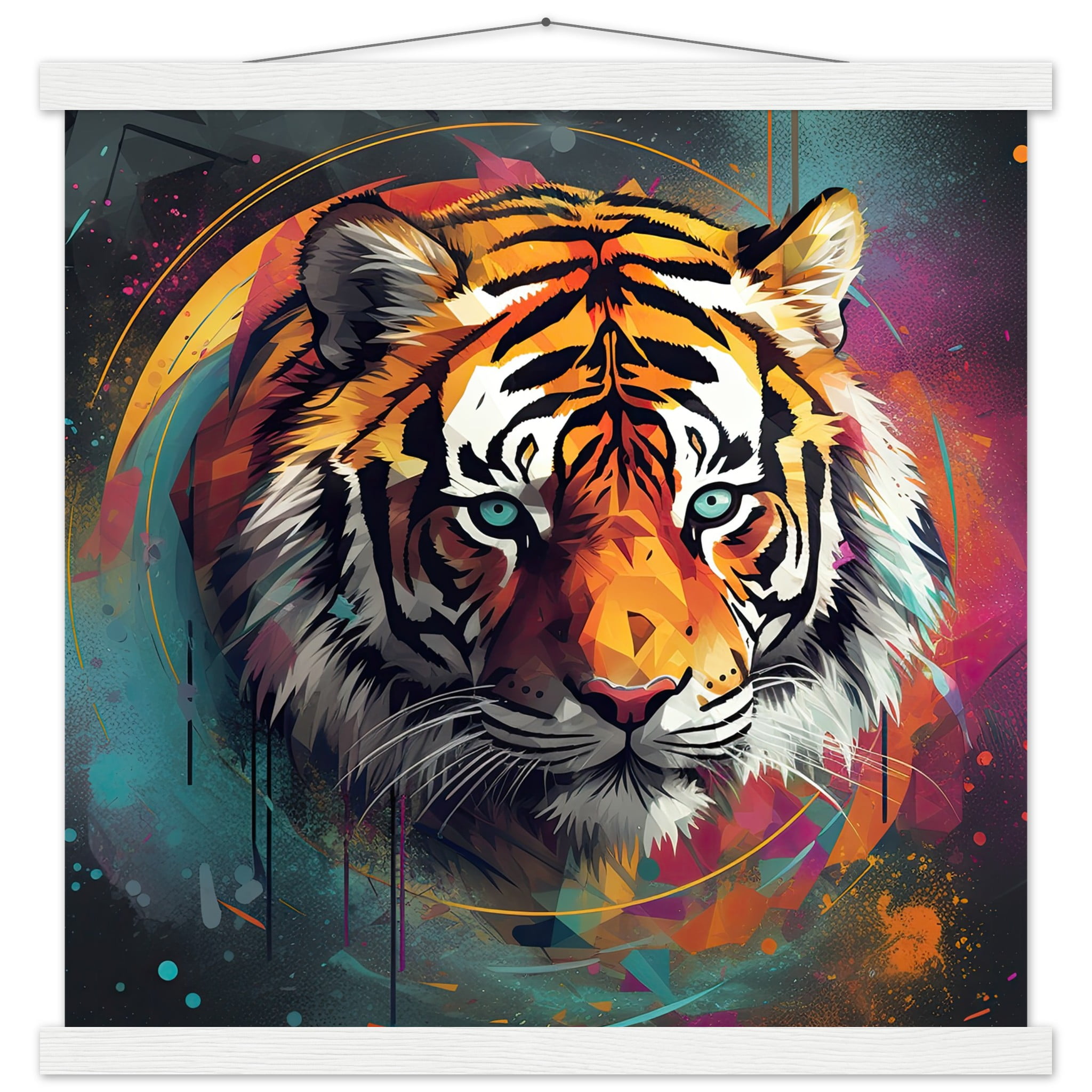 Tiger Colorful Abstract Art Print with Hanger – 45×45 cm / 18×18″, White wall hanger