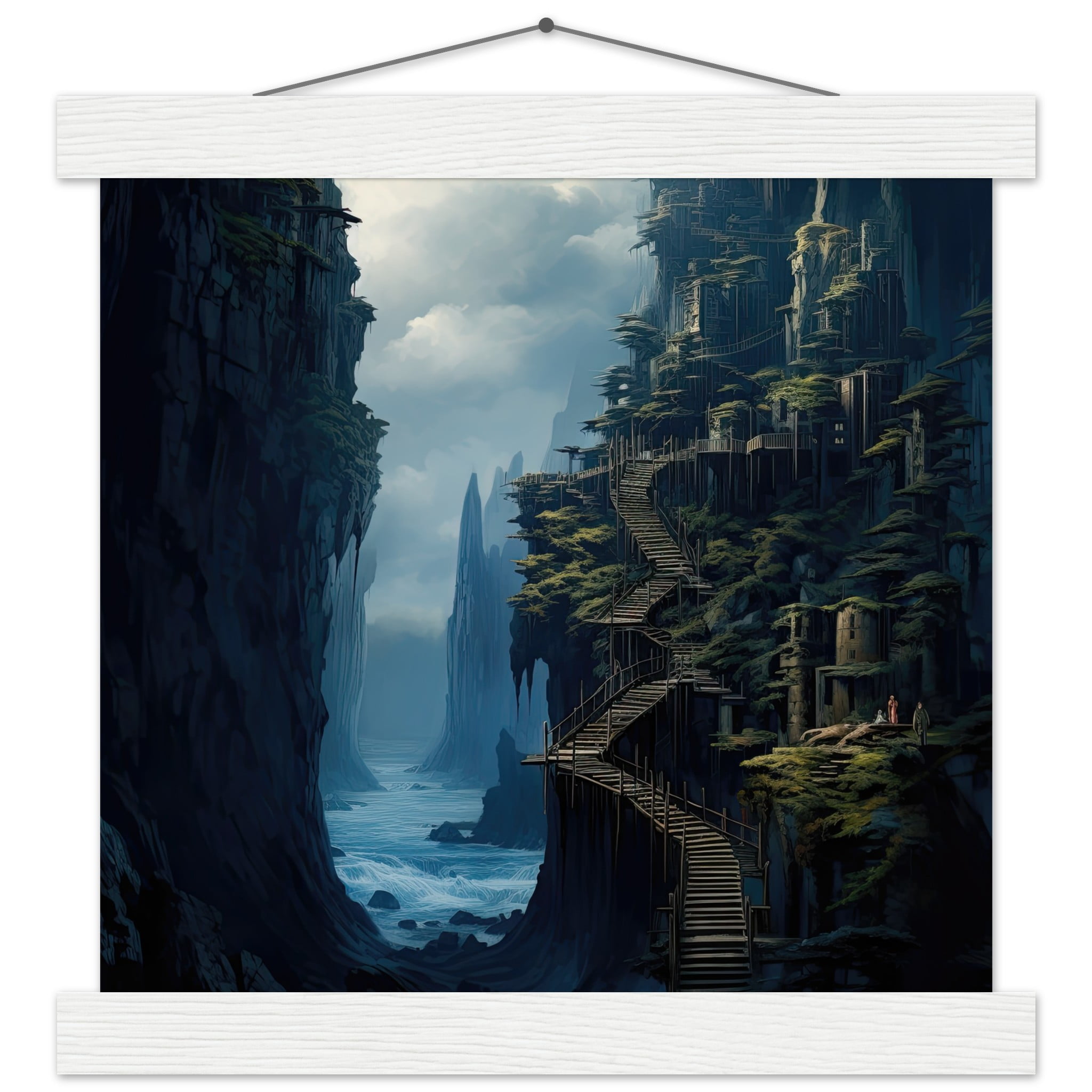Cliffside Kingdom Landscape Art Print with Hanger – 25×25 cm / 10×10″, White wall hanger