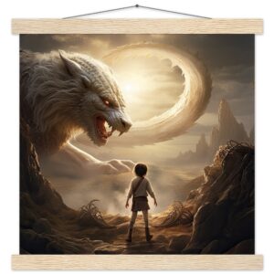 The Boy and the Chimera Art Print with Hanger - 35x35 cm / 14x14″, Natural wood wall hanger