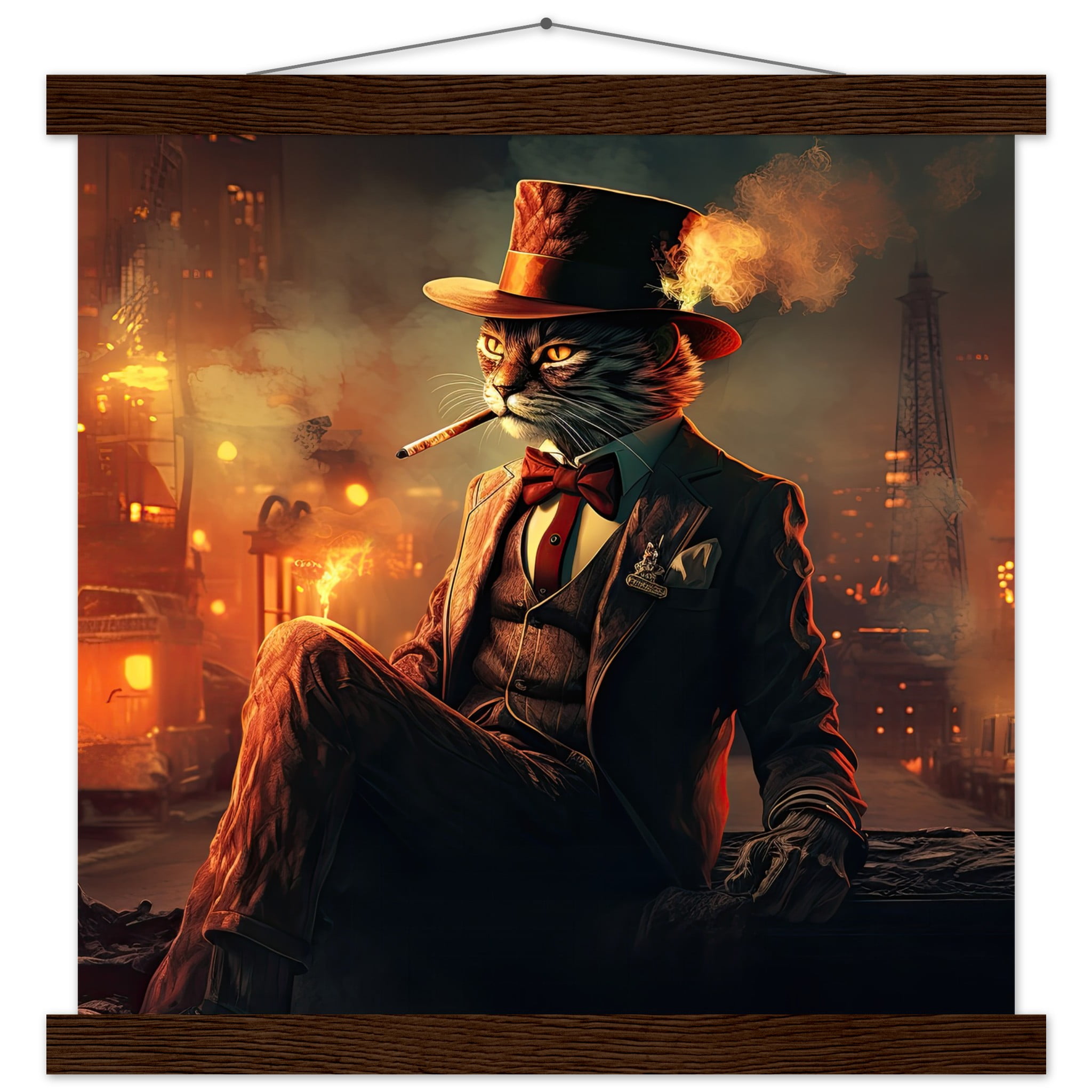 Gangster Cat Cool Art Print with Hanger – 35×35 cm / 14×14″, Dark wood wall hanger