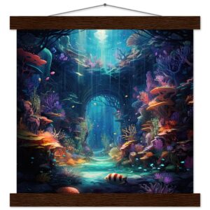 Underwater Paradise Ocean Art Print with Hanger - 30x30 cm / 12x12″, Dark wood wall hanger