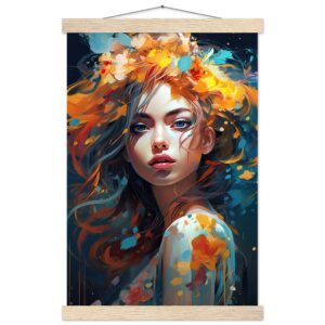 Girl Painted in Color Art Print with Hanger - 30x45 cm / 12x18″, Natural wood wall hanger