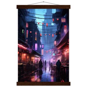 Cyberpunk Market Sci-Fi Art Print with Hanger - 30x45 cm / 12x18″, Dark wood wall hanger
