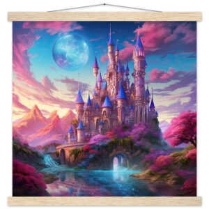 Colorful Fairy Tale Castle Art Print with Hanger - 45x45 cm / 18x18″, Natural wood wall hanger