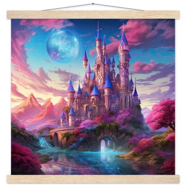 Colorful Fairy Tale Castle Art Print with Hanger - 45x45 cm / 18x18″, Natural wood wall hanger